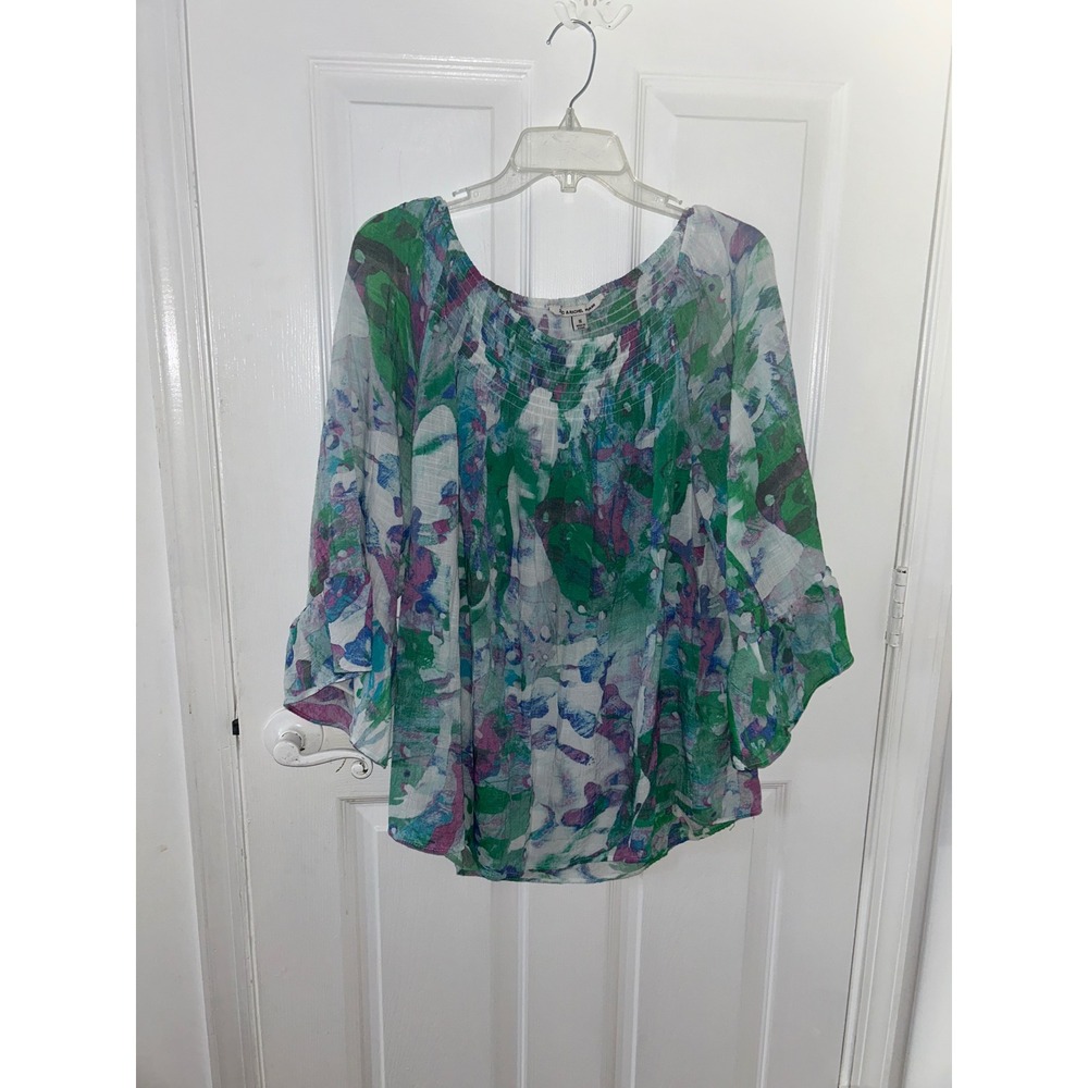 Zac & Rachel Woman 1X Blouse Green Purple Abstract Floral Smocked Bell Sleeve